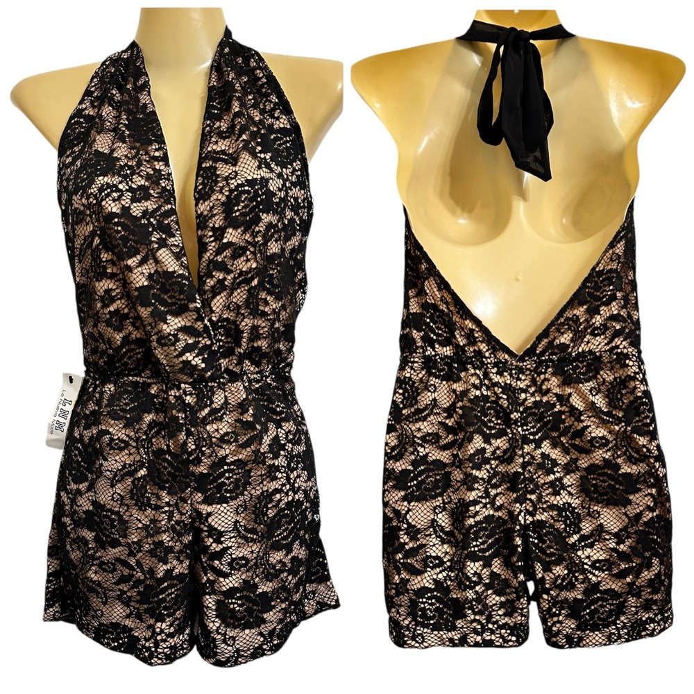 NWT Sabora Romper Women's Medium Black Lace Halter Backless Party‎ Cocktail
